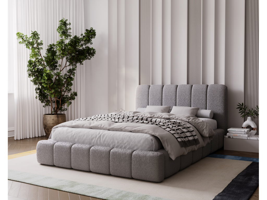 Letto in tessuto bouclé grigio, 160 x 200 cm